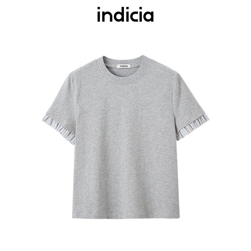 indiciaF2B5TX107N专柜正品标记女装撞色t恤小花边袖休闲吊牌389
