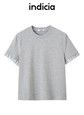 indiciaF2B5TX107N专柜正品标记女装撞色t恤小花边袖休闲吊牌389