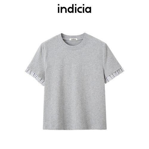 indiciaF2B5TX107N专柜正品标记女装撞色t恤小花边袖休闲吊牌389