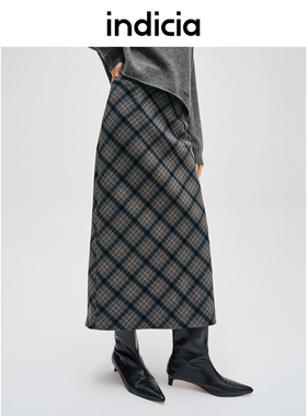 indiciaF2D4QZ775C专柜正品标记女装百搭格纹开叉半身裙吊牌价689