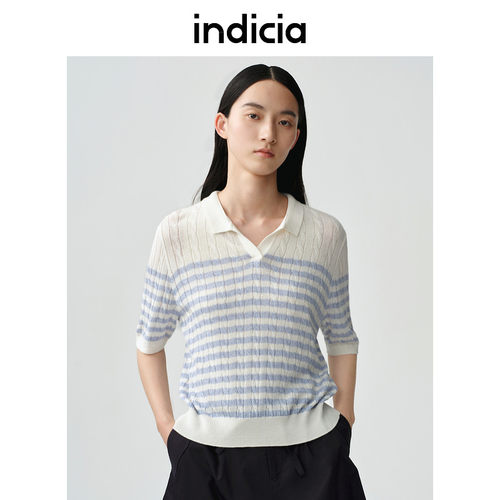 indiciaF2B5ZZ105N专柜正品标记女装条纹简约气质短袖针织吊牌499
