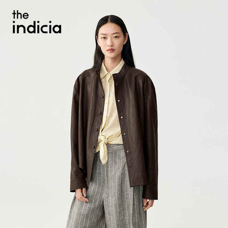 indiciaF2C5PY380F专柜正品标记女装宽松棕皮衣夹克吊牌价1689