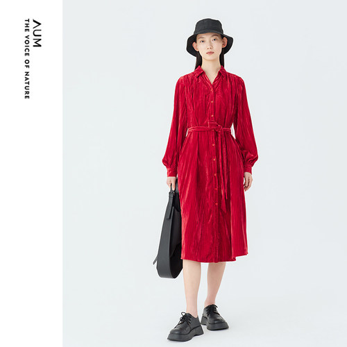 AUM连衣裙女浮光红丝绒夏季新款