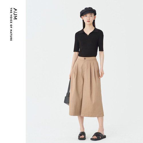 AUM噢姆甜美POLO凉感针织半袖开衫黑色上衣女款