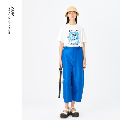 AUM噢姆年夏季新款蓝色轻薄透气宽松九分休闲裤女