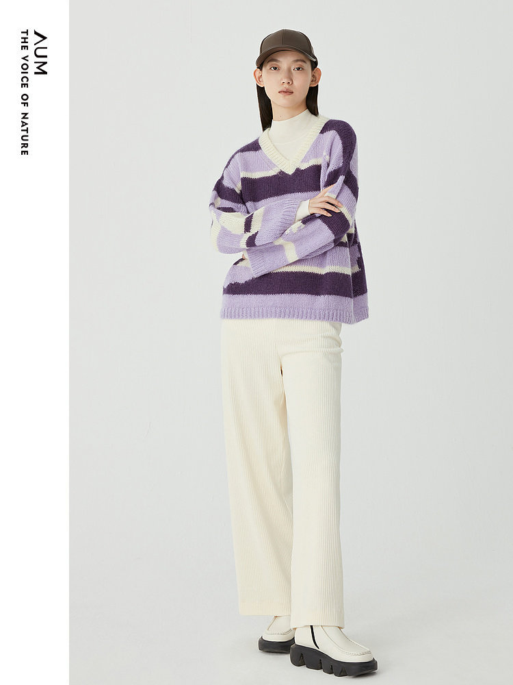 【像素兔系列】aum噢姆23春新款紫色v领气质马海毛条纹针织衫女