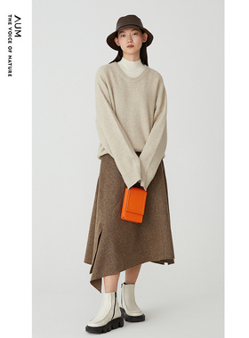 【会员价679元】AUM噢姆冬季浅咖色休闲不对称下摆半裙