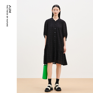 AUM噢姆夏季格纹立领泡泡袖衬衫连衣裙女