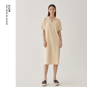 AUM噢姆夏季 香槟色丝绵小v翻领宽松直筒休闲连衣裙