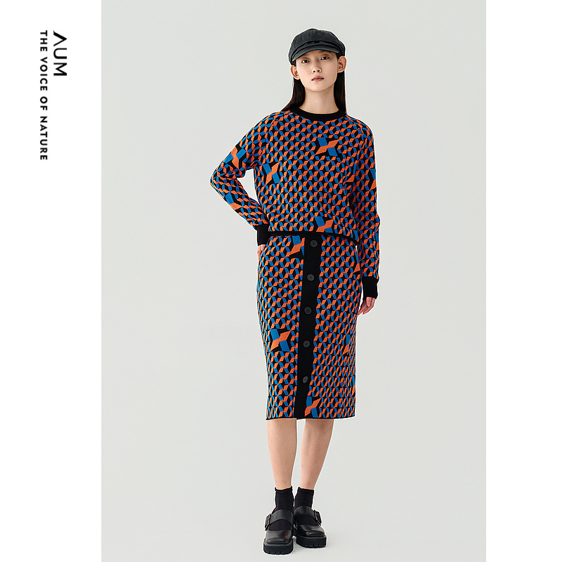 【会员价357元】AUM噢姆冬季针织菱形格纹撞色半身裙