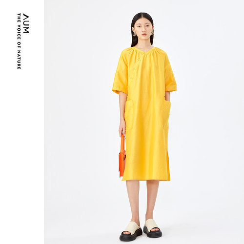 AUM时尚连衣裙女中式斜门襟大地
