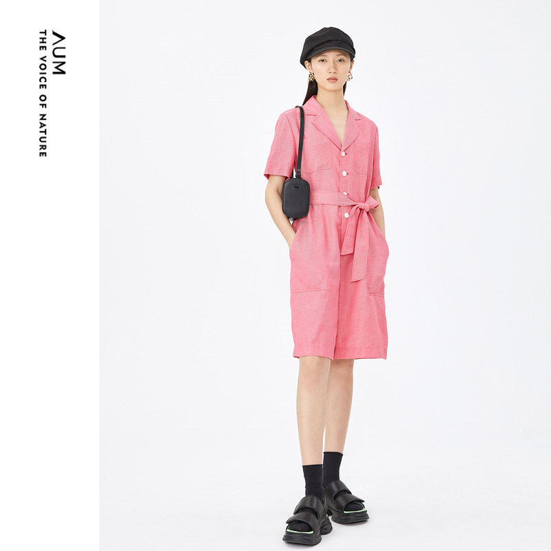 夏季新款文艺工装廓形桃粉色牛仔连体裤女