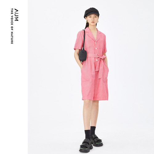 夏季新款文艺工装廓形桃粉色牛仔连体裤女