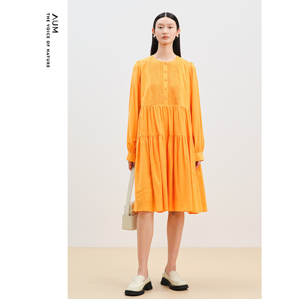 AUM压褶连衣裙褶皱亮色秋季新款