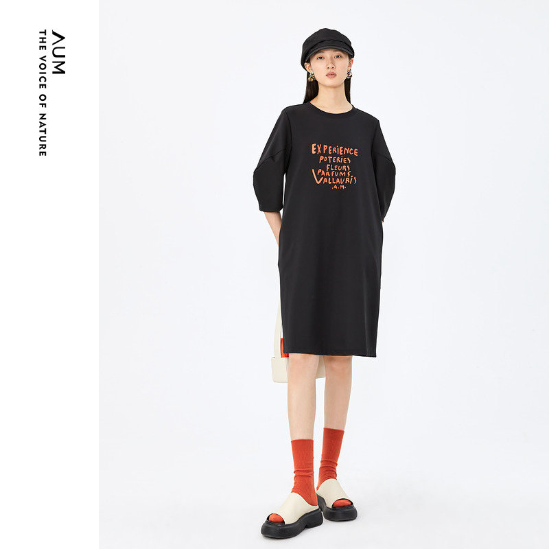夏季新款印花休闲连衣裙薄显瘦宽松黑色t恤裙子
