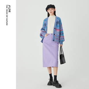 会员价1220元 针织衫 AUM噢姆春季 提花灯笼袖 上衣 宽松V领开衫