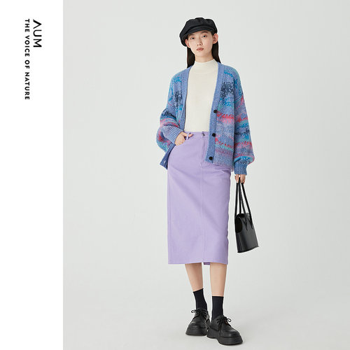 AUM噢姆宽松V领开衫提花灯笼袖针织衫上衣女