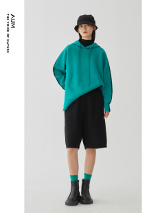 AUM噢姆冬季 休闲蓝绿色连帽上衣美丽诺羊毛针织卫衣
