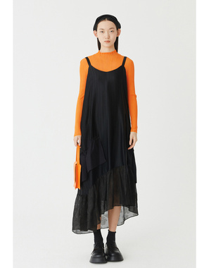 【会员价336元】AUM噢姆秋季橘色荷叶边长袖修身针织衫