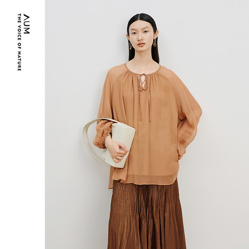 AUM噢姆秋季文艺宽松圆领系带娃娃衫长袖休闲上衣女