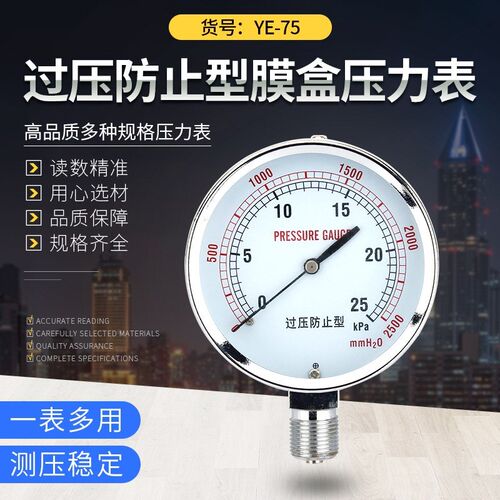 膜盒压力表YEP-75天然气千帕表Ka真空多规格量程不锈钢微压表