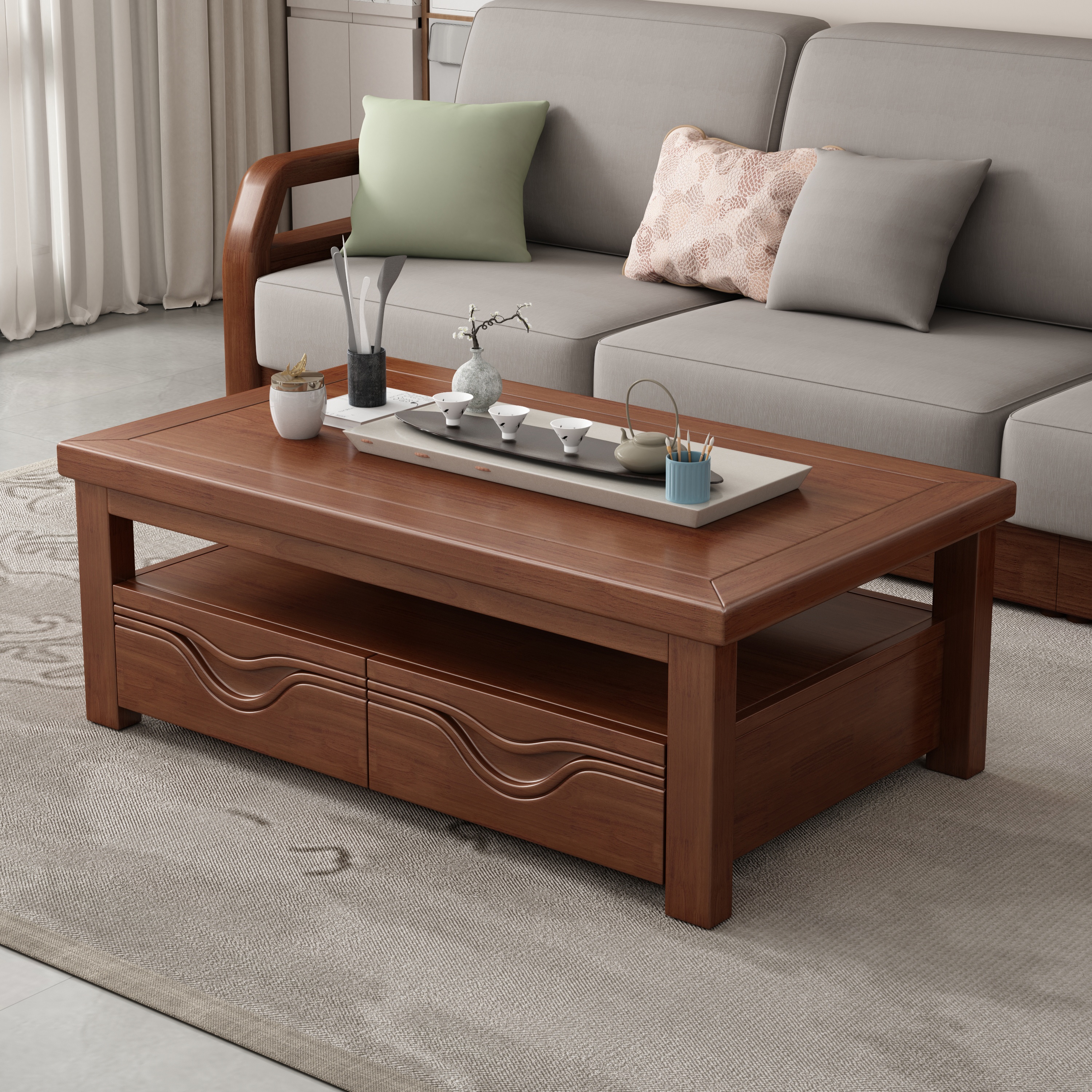 实木茶几茶桌简约现代中式家用客厅多功能小户型收纳抽屉长方形