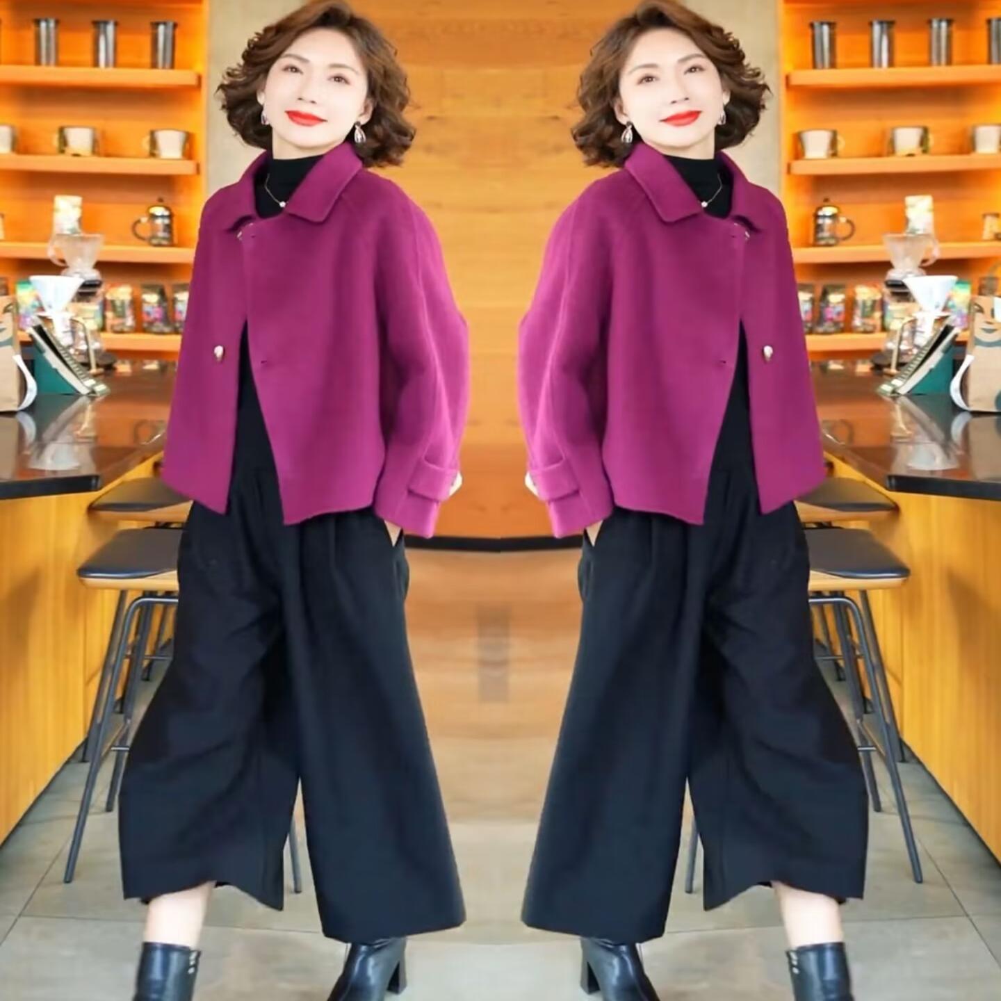 新款宽松牛角扣毛呢外套+阔腿裤