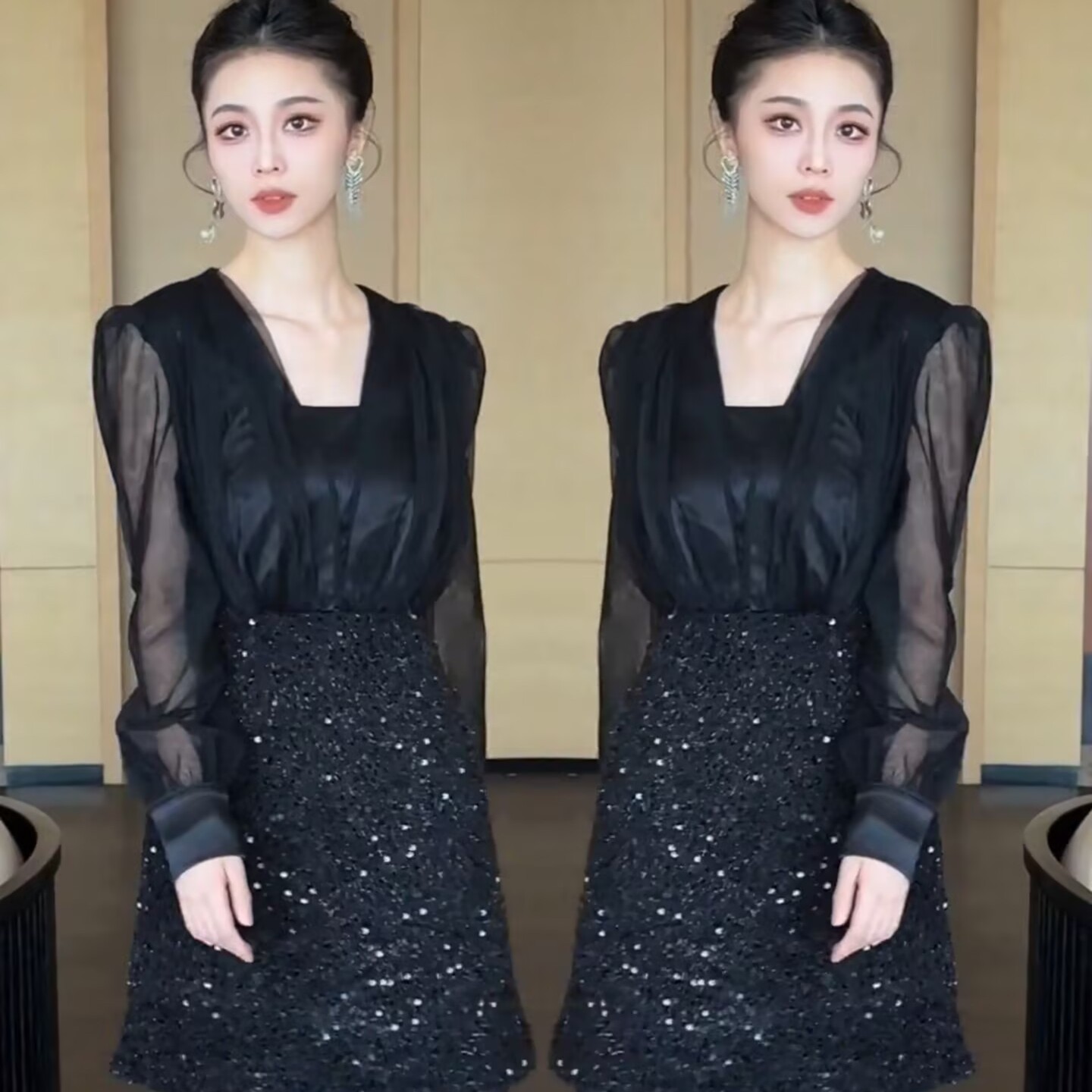 V领网纱拼接泡泡袖小黑裙