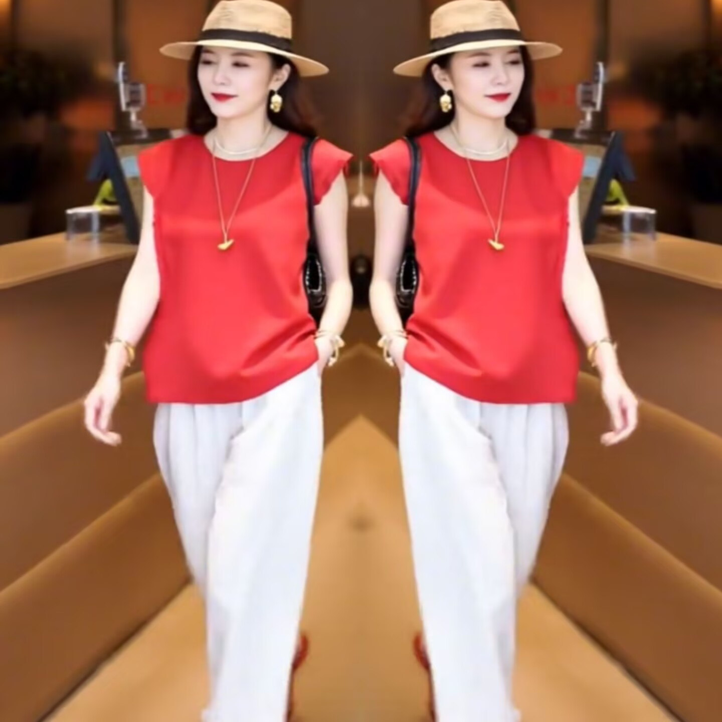 网红爆款时尚套装女2025夏季新款洋气圆领显瘦上衣+阔腿裤两件套