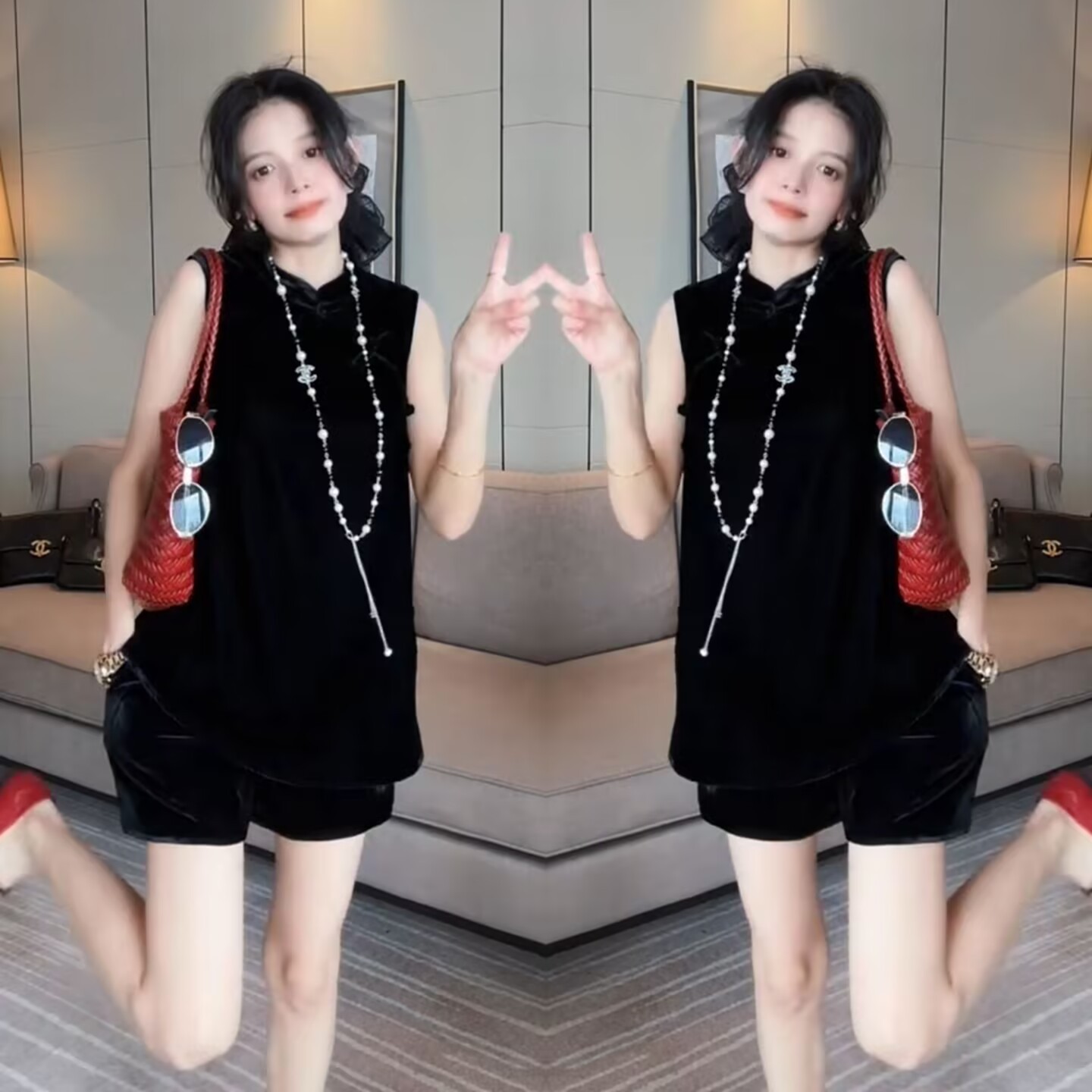 网红爆款套装女2025夏季新款气质显瘦盘扣丝绒马甲+短裤两件套潮