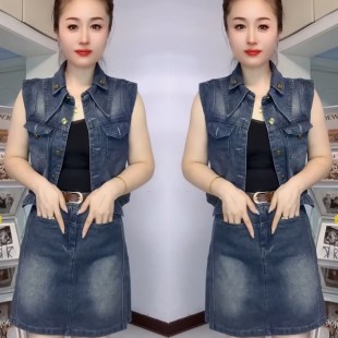女洋气减龄显瘦牛仔马甲 2025夏季 套装 新款 高腰短裙两件套潮 时尚