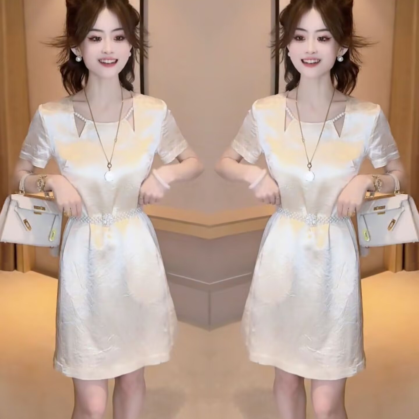 高级感时尚连衣裙女2025夏季新款洋气减龄气质短袖显瘦圆领裙子潮