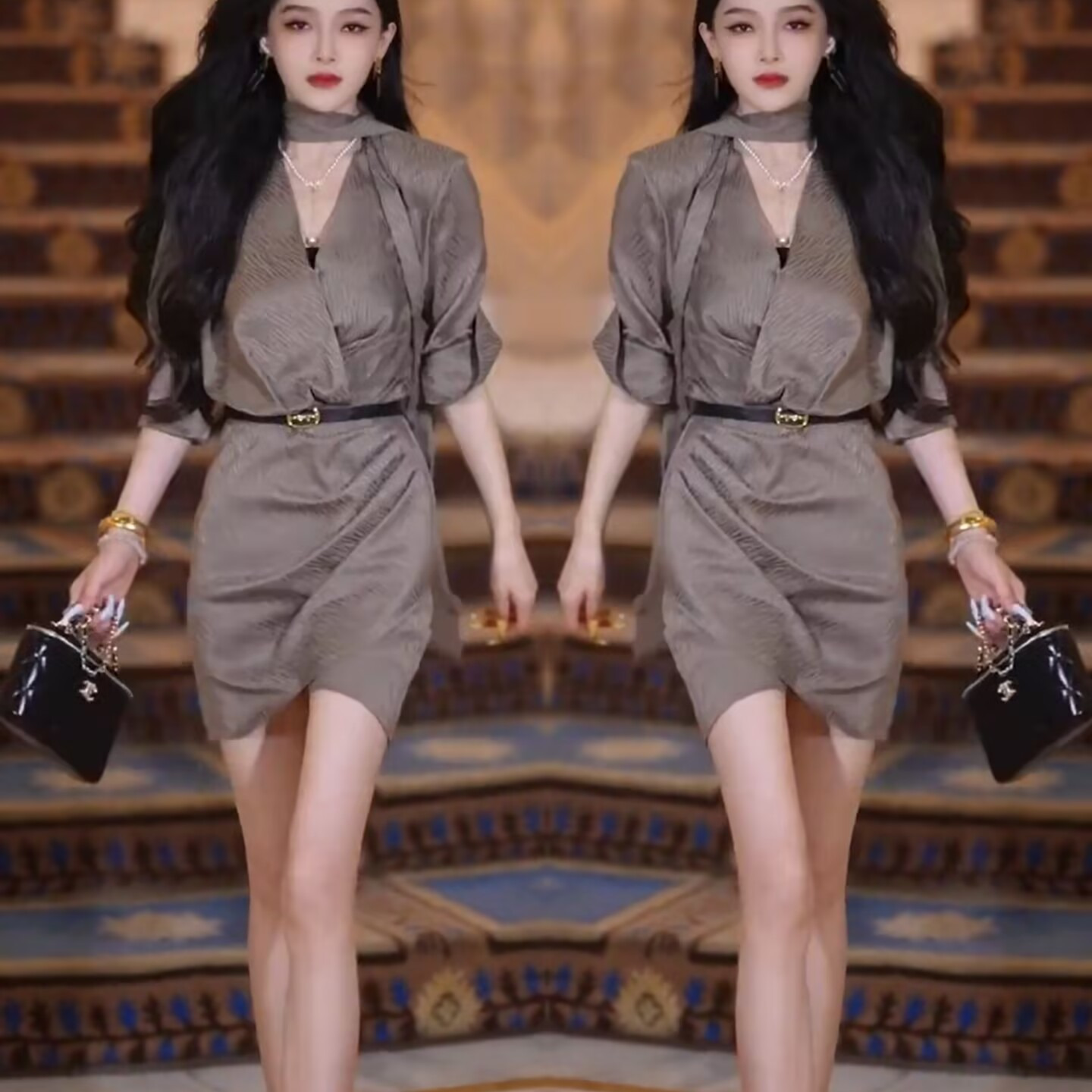 高级感时尚连衣裙女2025夏季新款轻奢气质显瘦V领长袖中长款裙子