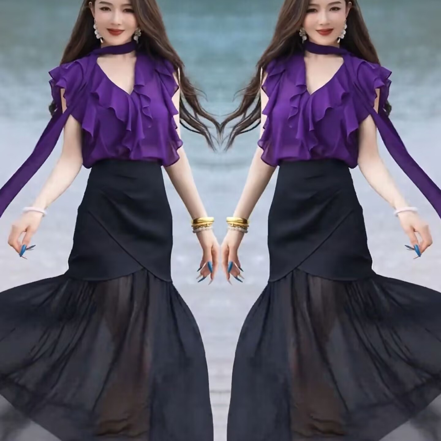 网红爆款时尚套装女2025夏季新款洋气荷叶边显瘦上衣半身裙两件套