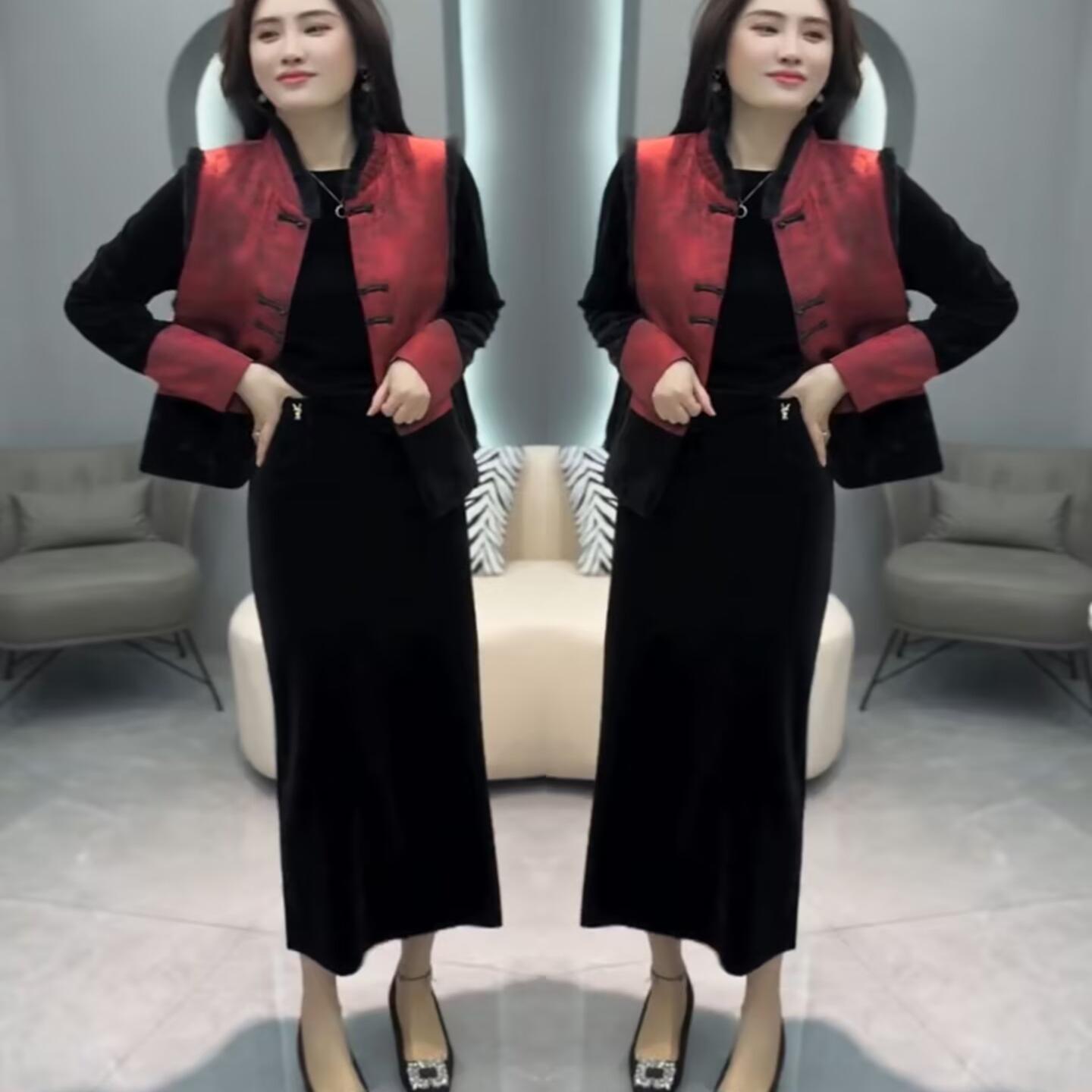 新中式复古时尚三件套女2025春秋新款国风盘扣显瘦马甲小衫半身裙