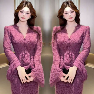 高级感时尚 复古优雅风紫色V领收腰长裙 蕾丝连衣裙女2025秋冬新款