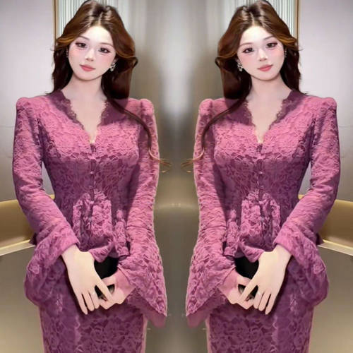 复古优雅风紫色V领收腰蕾丝长裙