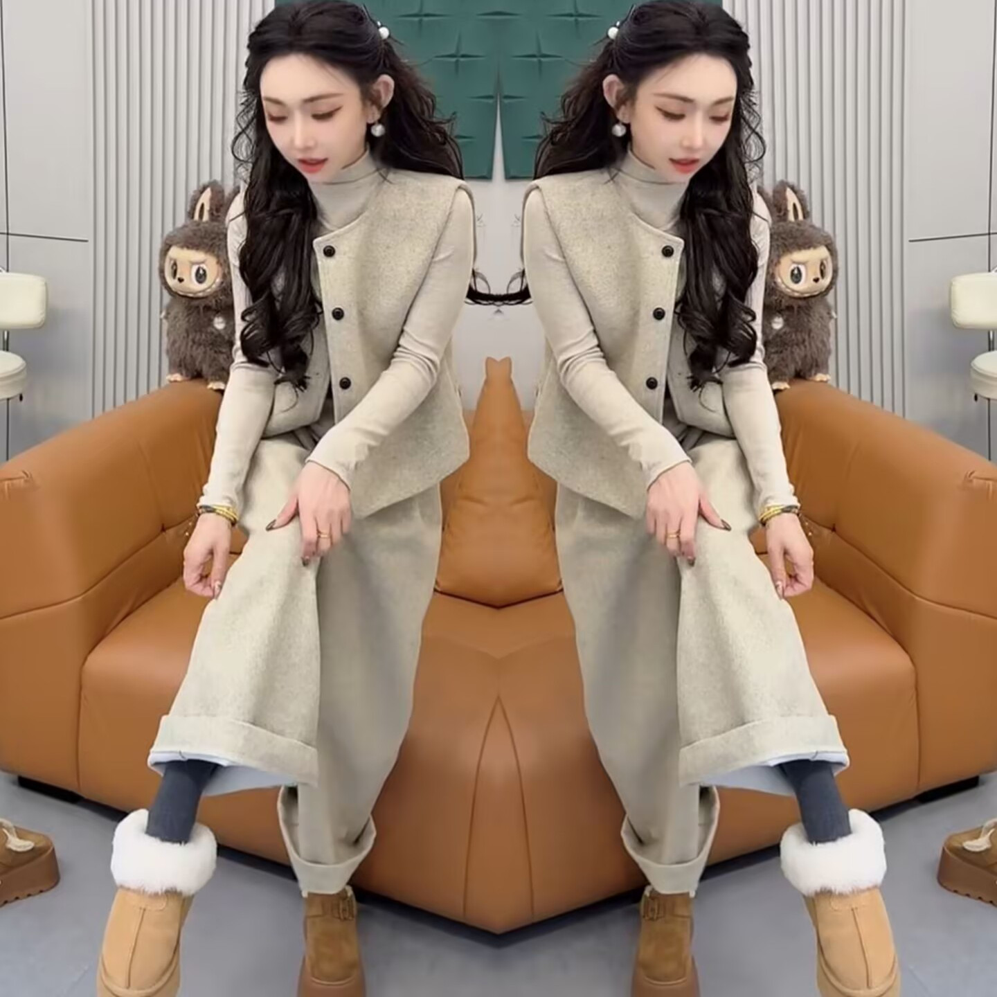 毛呢马甲打底衫阔腿裤三件套