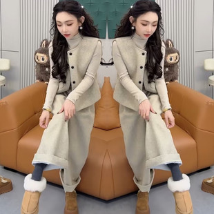 新款 减龄叠穿套装 韩系毛呢马甲打底衫 三件套女时尚 阔腿裤 2025冬季