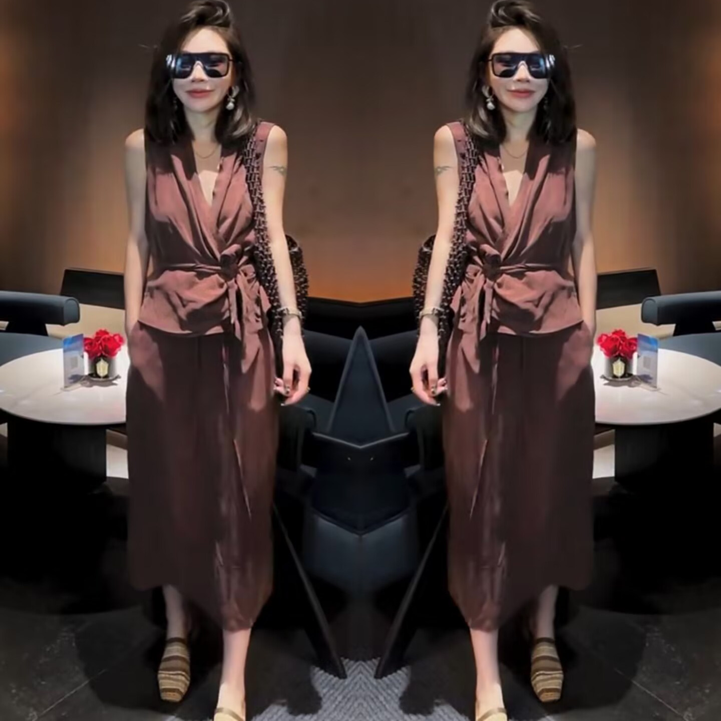 网红爆款时尚套装女2025夏季新款洋气时尚显瘦无袖系带上衣半身裙