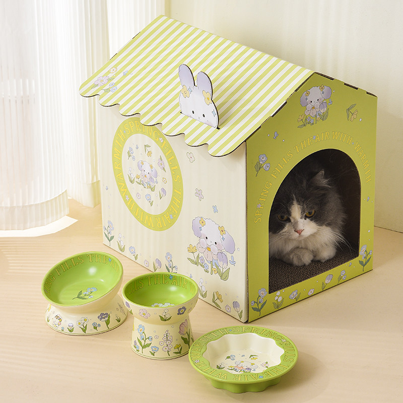 绿兔子猫碗防黑下巴陶瓷狗粮碗猫咪防打翻喂水碗宠物用品猫猫专用