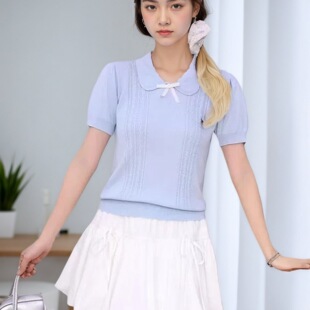 学院风娃娃领蝴蝶结针织衫女蓝色短袖蓬蓬裙时尚白搭小个子二件套