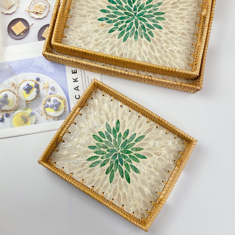 越南藤编织桌面彩贝壳茶盘果盘