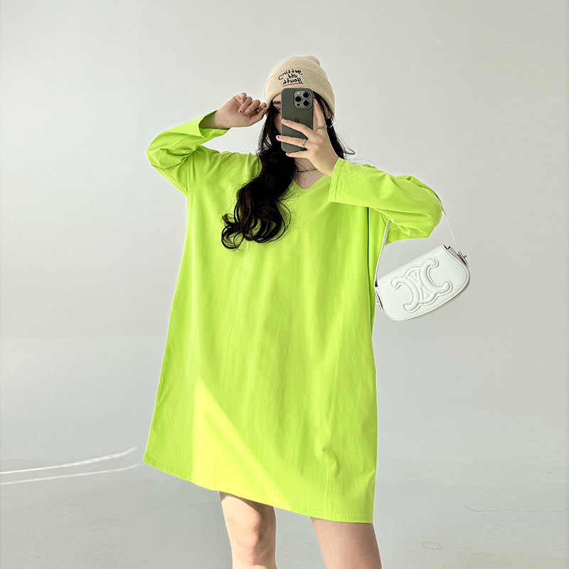 V领长袖T恤女大码遮肚子落肩打底衫春秋胖妹妹宽松慵懒风显瘦上衣