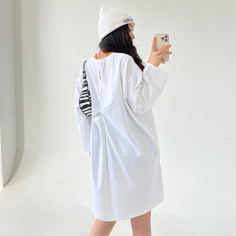 中长款t恤女纯棉长袖大码宽松显瘦小心机后背镂空慵懒风百搭短袖