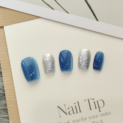 Guo穿戴甲碧蓝海洋亮片蓝色猫眼显气质纯手工温柔夏季可拆卸美甲