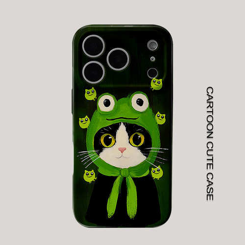 适用于iPhone17pro手机壳菲林壳青蛙头套黑白奶牛猫手绘插画卡通华为mate80promax苹果15/16/13磨砂软壳16pro