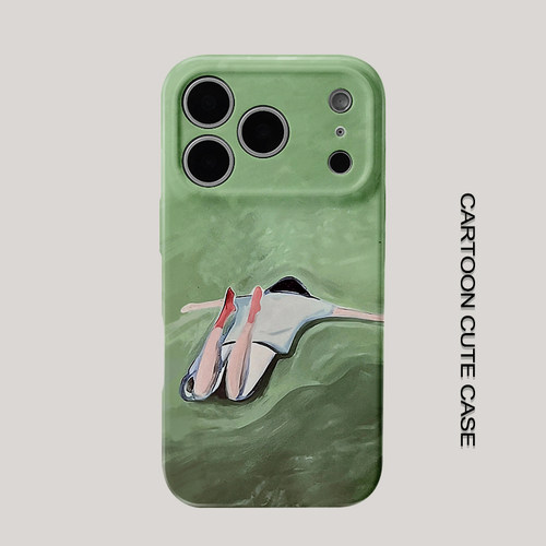 适用于iPhone17pro手机壳菲林壳薄荷绿油画泳池游泳少女保护套华为mate80promax苹果15/16/13磨砂软壳小米17p