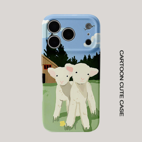 适用于iPhone17pro手机壳菲林壳浅蓝田园小羊木屋插画保护套华为mate80promax苹果15/16/13磨砂软壳小米17pro
