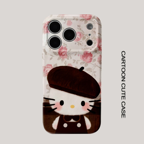适用于iPhone17pro手机壳菲林壳奶白底复古粉玫瑰贝雷帽 Hello Kitty 华为mate80promax苹果15/16/13磨砂软壳